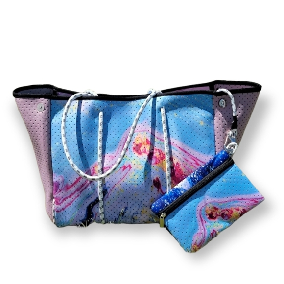 Handbags - Neoprene Pink Marble Tote Bag with Wristlet